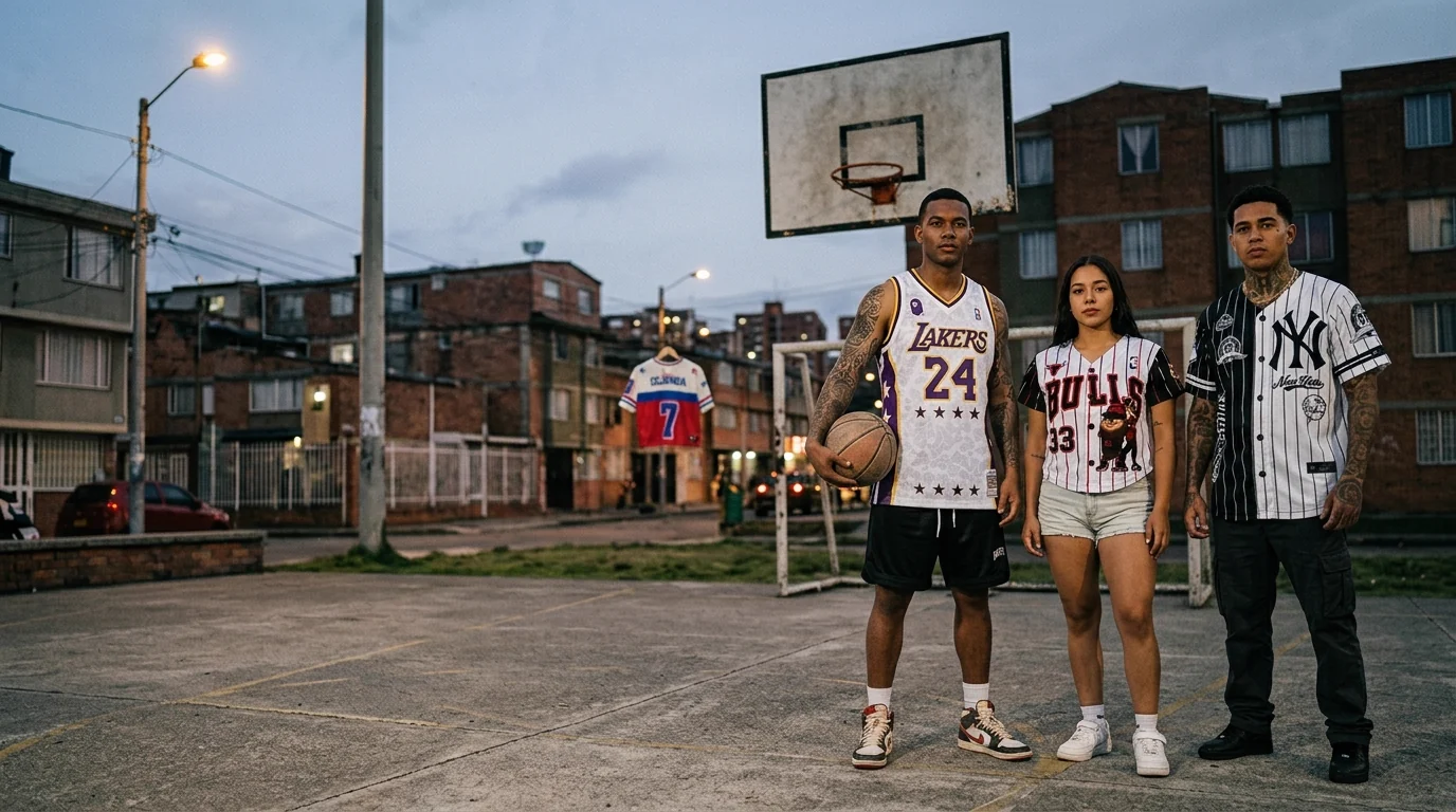 Tres personas con prendas de BUCKETS en una cancha de barrio al atardecer