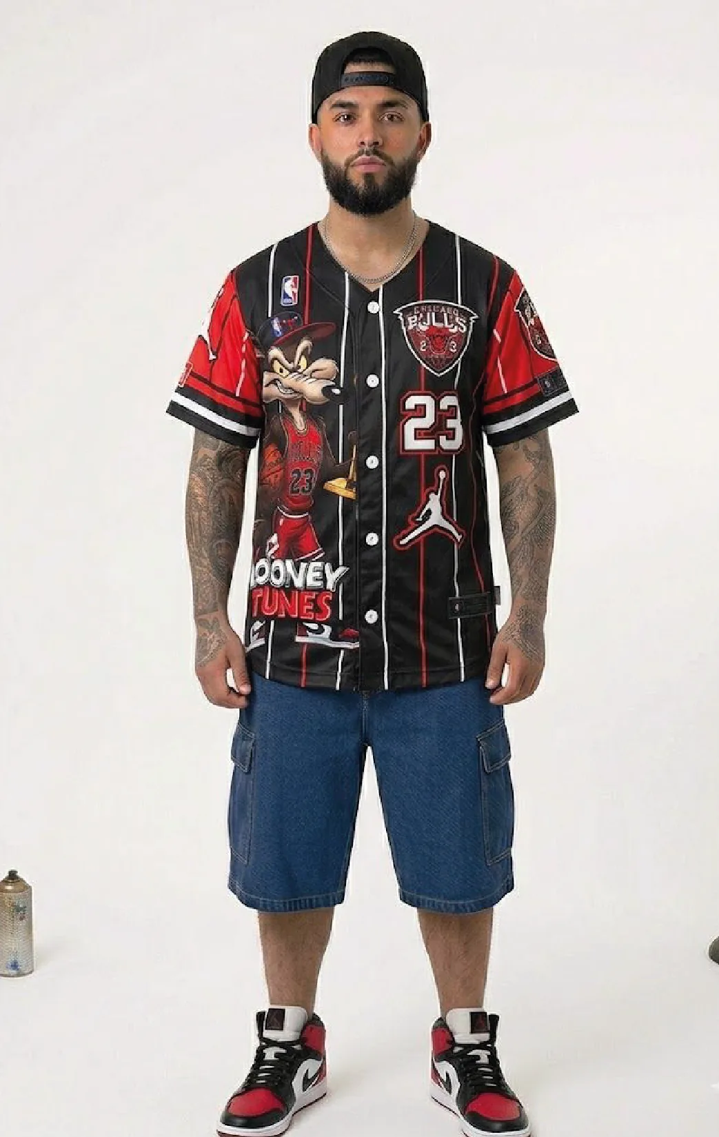 Modelo luciendo la beisbolera escarlata 23 de BUCKETS