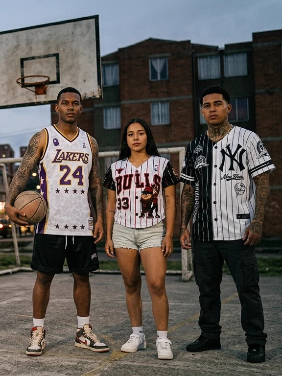 Tres personas con prendas de BUCKETS en una cancha de barrio al atardecer
